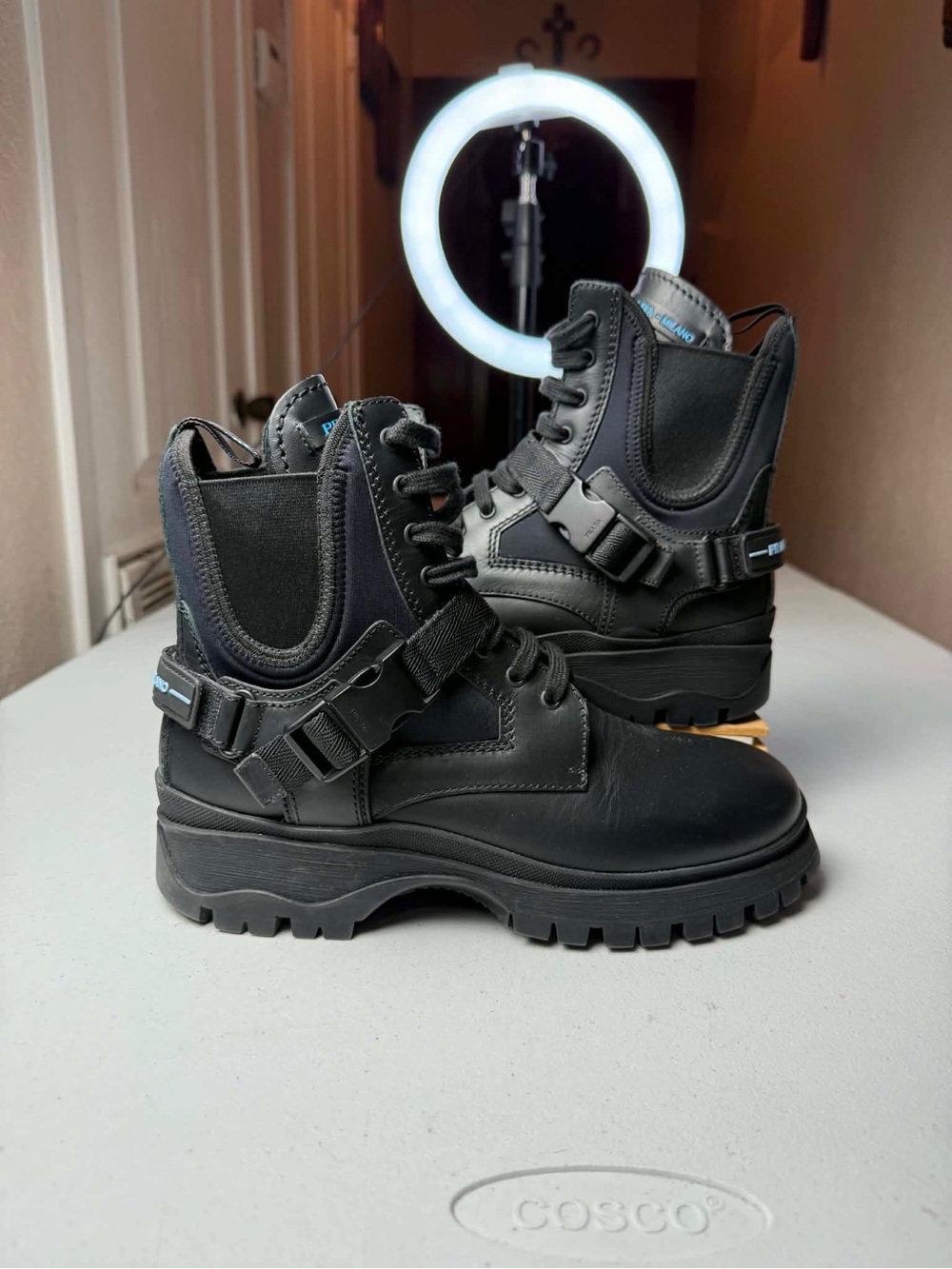Prada Womens Brixxen Combat Lace Up Boots US 9 EU 39 Black Leather Hiking Biker